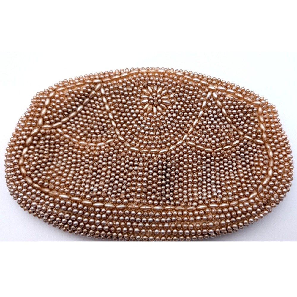 Vintage Made in Japan Faux Pearl Beaded Clutch Champagne Evening Bag Hand Strap